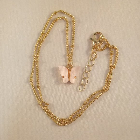 Gold Plated Pink Opal Resin Butterfly Earrings Pendant Necklace Set 18" Gift - Picture 5 of 5